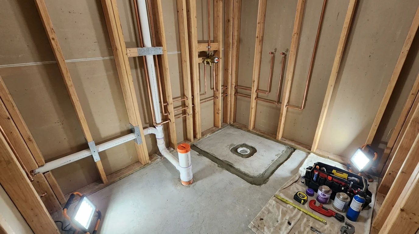 Bathroom rough-in plumbing during remodel by Johns Plumbing LLC in Tieton
