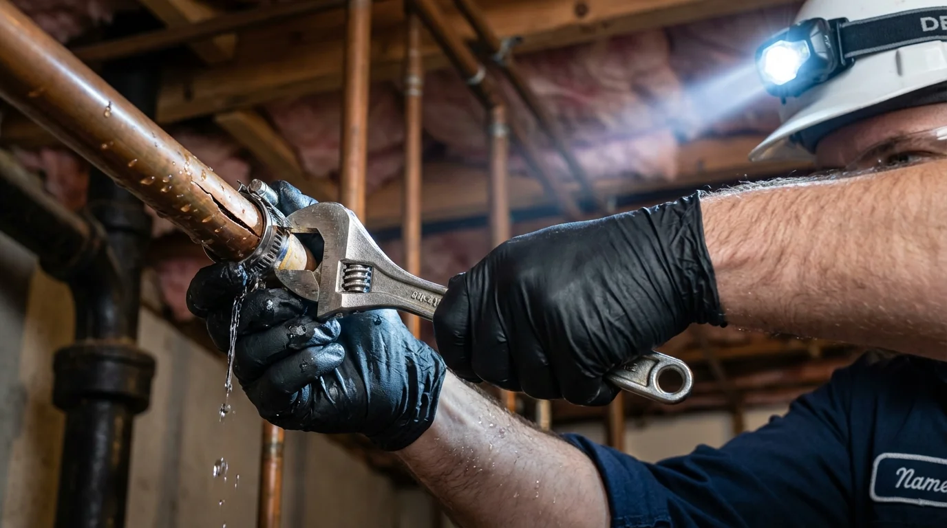 Emergency pipe clamp repair being performed by a Johns Plumbing LLC plumber in Tieton