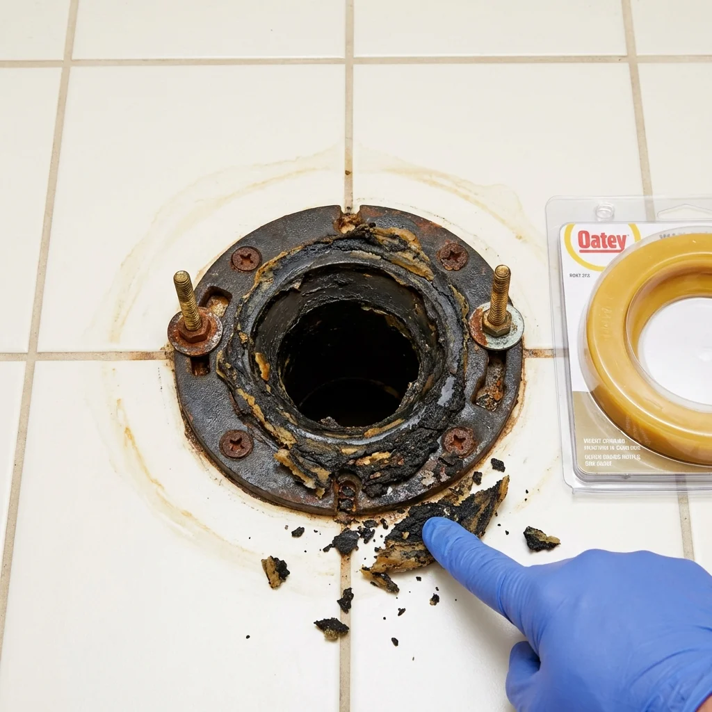 Failed wax ring showing water seepage at the base of a toilet in a Tieton, WA home
