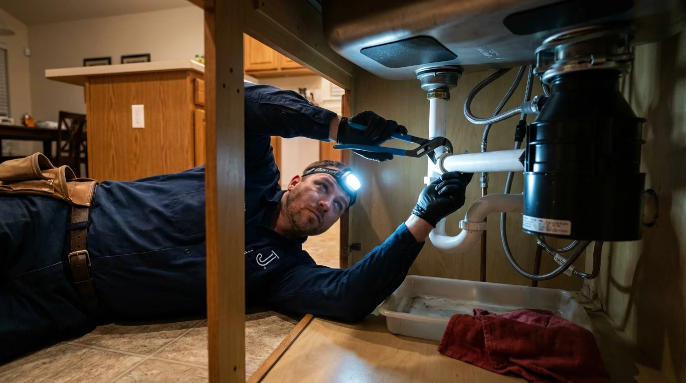 P-trap and supply line connections under a kitchen sink showing a common leak point in Tieton, WA